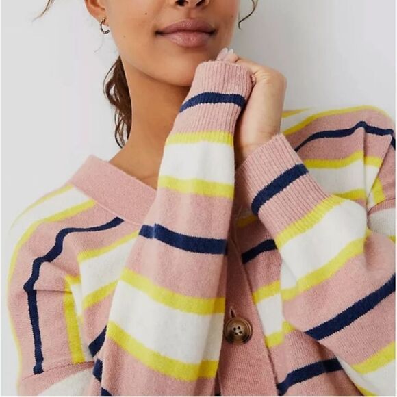Ann Taylor Pink Navy Yellow Striped Knit Boyfriend Cardigan Sweater - Picture 4 of 16